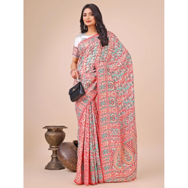Generic Women's Cotton Printed Saree With Unstitched Blouse 5.5Mtr (White) - White