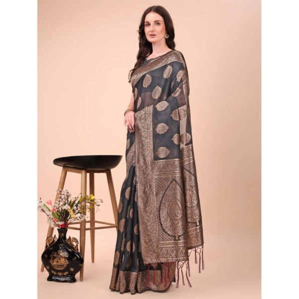 Generic Women's Cotton Printed Saree With Unstitched Blouse 5.5Mtr (Black) - Black