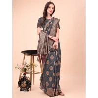 Generic Women's Cotton Printed Saree With Unstitched Blouse 5.5Mtr (Black) - Black