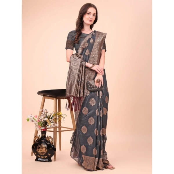 Generic Women's Cotton Printed Saree With Unstitched Blouse 5.5Mtr (Black) - Black
