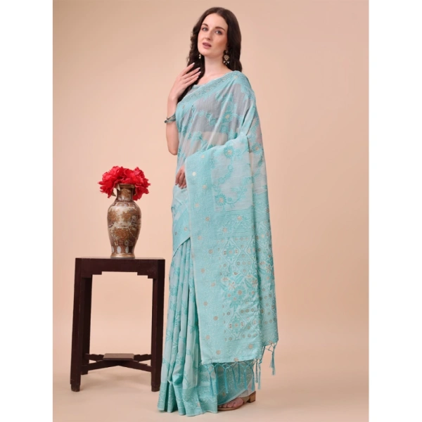 Generic Women's Cotton Printed Saree With Unstitched Blouse 5.5Mtr (Sky Blue) - Sky Blue