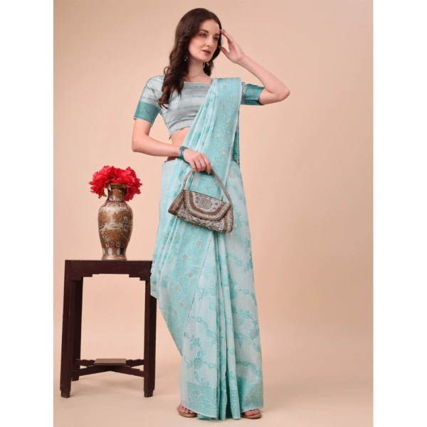 Generic Women's Cotton Printed Saree With Unstitched Blouse 5.5Mtr (Sky Blue) - Sky Blue