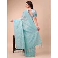 Generic Women's Cotton Printed Saree With Unstitched Blouse 5.5Mtr (Sky Blue) - Sky Blue