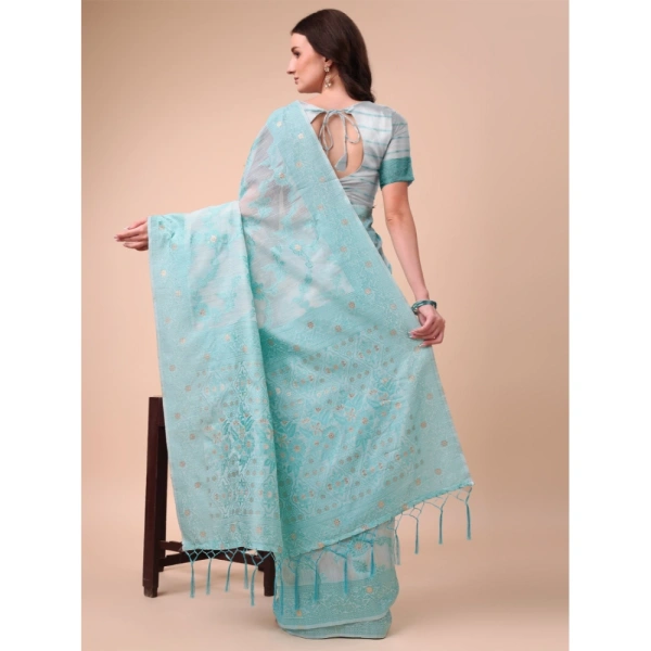 Generic Women's Cotton Printed Saree With Unstitched Blouse 5.5Mtr (Sky Blue) - Sky Blue