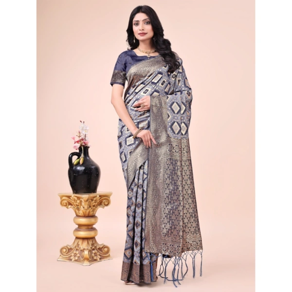 Generic Women's Cotton Printed Saree With Unstitched Blouse 5.5Mtr (Navy Blue) - Navy Blue