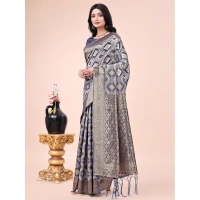Generic Women's Cotton Printed Saree With Unstitched Blouse 5.5Mtr (Navy Blue) - Navy Blue