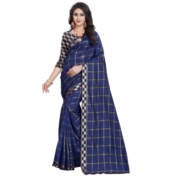 Women's Cotton Silk Checkered Saree With Unstitched Blouse 5.5Mtr (Dark Blue) - Dark Blue