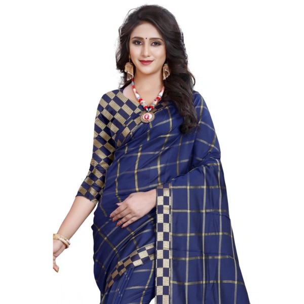 Women's Cotton Silk Checkered Saree With Unstitched Blouse 5.5Mtr (Dark Blue) - Dark Blue