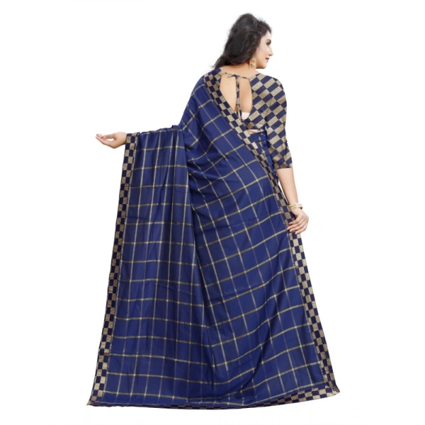 Women's Cotton Silk Checkered Saree With Unstitched Blouse 5.5Mtr (Dark Blue) - Dark Blue