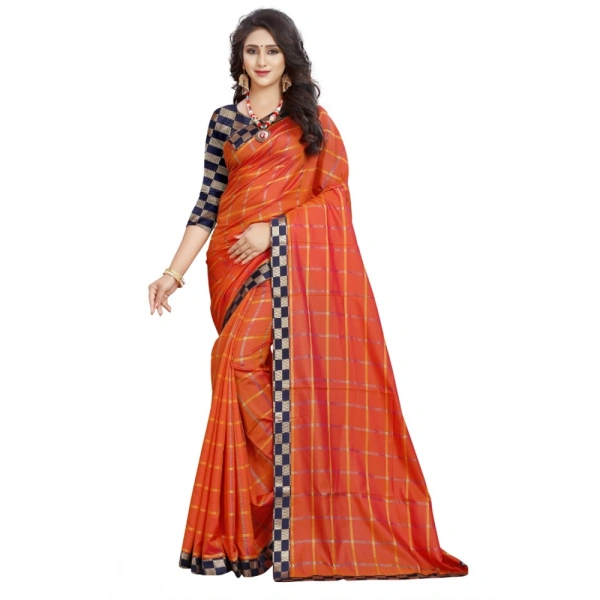 Women's Cotton Silk Checkered Saree With Unstitched Blouse 5.5Mtr (Orange) - Orange