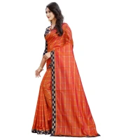 Women's Cotton Silk Checkered Saree With Unstitched Blouse 5.5Mtr (Orange) - Orange