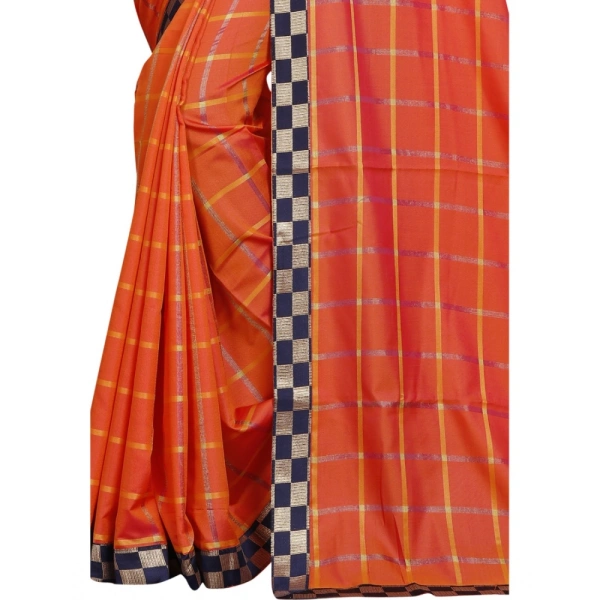 Women's Cotton Silk Checkered Saree With Unstitched Blouse 5.5Mtr (Orange) - Orange