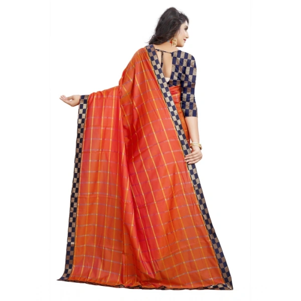 Women's Cotton Silk Checkered Saree With Unstitched Blouse 5.5Mtr (Orange) - Orange