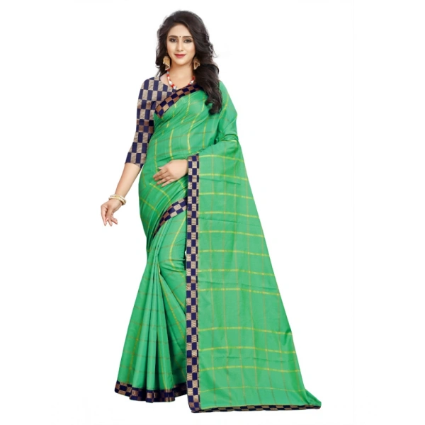Women's Cotton Silk Checkered Saree With Unstitched Blouse 5.5Mtr (Green) - Green