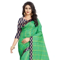 Women's Cotton Silk Checkered Saree With Unstitched Blouse 5.5Mtr (Green) - Green
