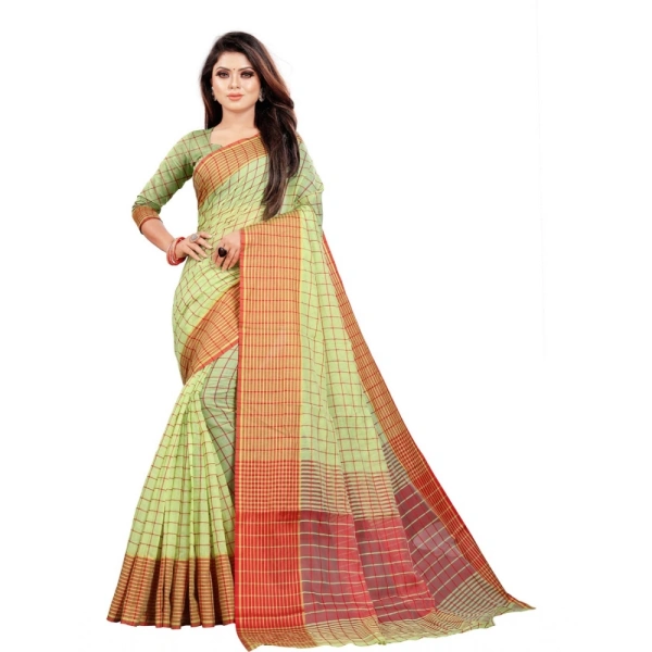 Women's Cotton Silk Checkered Saree With Unstitched Blouse 5.5Mtr (Green) - Green