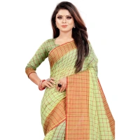 Women's Cotton Silk Checkered Saree With Unstitched Blouse 5.5Mtr (Green) - Green