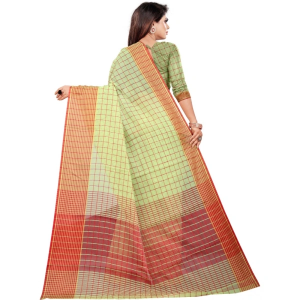 Women's Cotton Silk Checkered Saree With Unstitched Blouse 5.5Mtr (Green) - Green