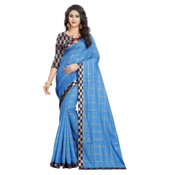 Women's Cotton Silk Checkered Saree With Unstitched Blouse 5.5Mtr (Light Blue) - Light Blue