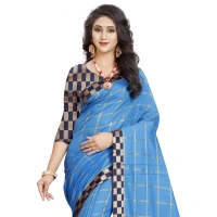 Women's Cotton Silk Checkered Saree With Unstitched Blouse 5.5Mtr (Light Blue) - Light Blue