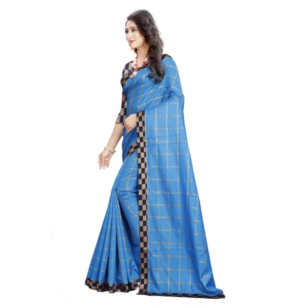 Women's Cotton Silk Checkered Saree With Unstitched Blouse 5.5Mtr (Light Blue) - Light Blue