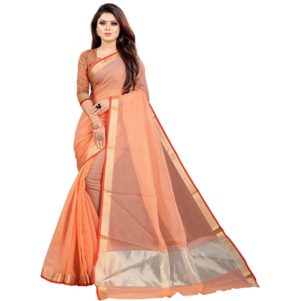 Women's Cotton Silk Checkered Saree With Unstitched Blouse 5.5Mtr (Orange) - Orange