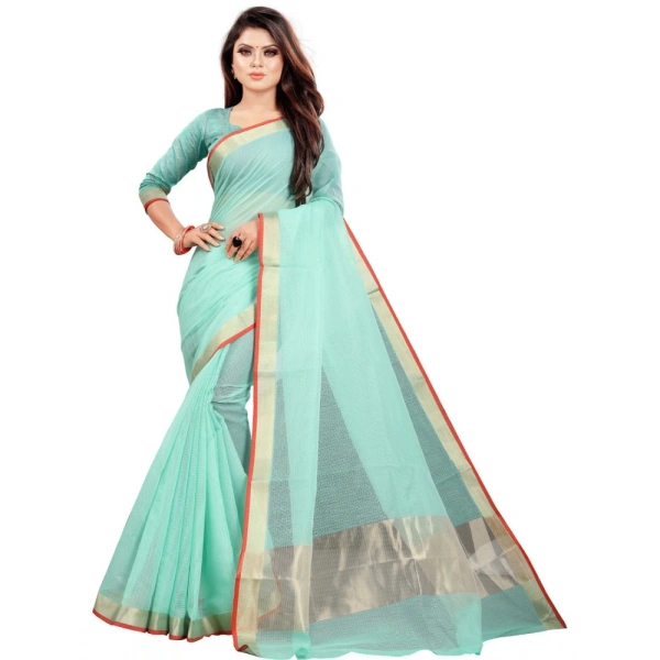 Women's Cotton Silk Checkered Saree With Unstitched Blouse 5.5Mtr (Light Blue) - Light Blue