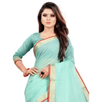Women's Cotton Silk Checkered Saree With Unstitched Blouse 5.5Mtr (Light Blue) - Light Blue