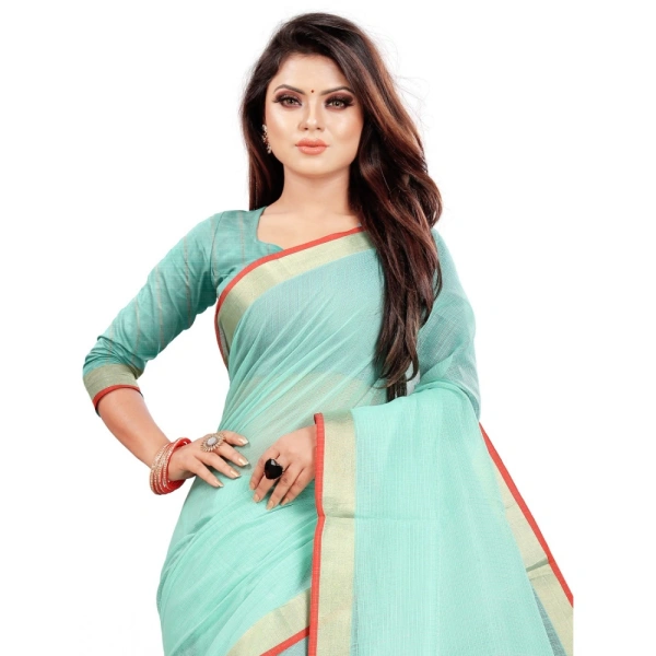 Women's Cotton Silk Checkered Saree With Unstitched Blouse 5.5Mtr (Light Blue) - Light Blue