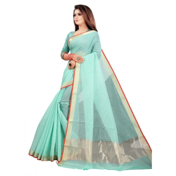 Women's Cotton Silk Checkered Saree With Unstitched Blouse 5.5Mtr (Light Blue) - Light Blue