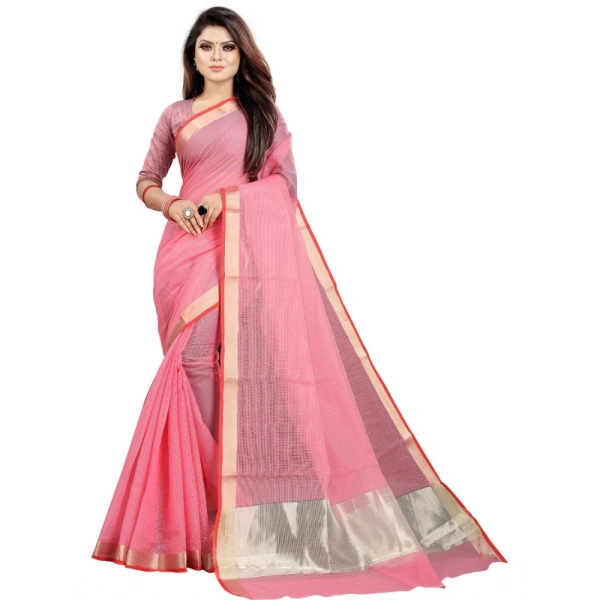Women's Cotton Silk Checkered Saree With Unstitched Blouse 5.5Mtr (Pink) - Pink