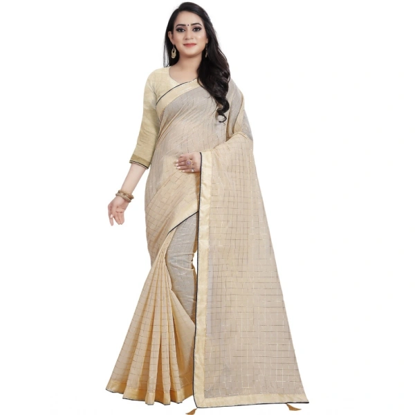 Women's Cotton Silk Checkered Saree With Unstitched Blouse 5.5Mtr (Cream) - Cream