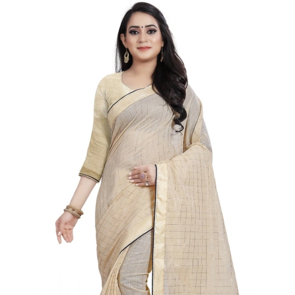 Women's Cotton Silk Checkered Saree With Unstitched Blouse 5.5Mtr (Cream) - Cream