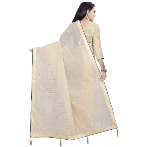 Women's Cotton Silk Checkered Saree With Unstitched Blouse 5.5Mtr (Cream) - Cream