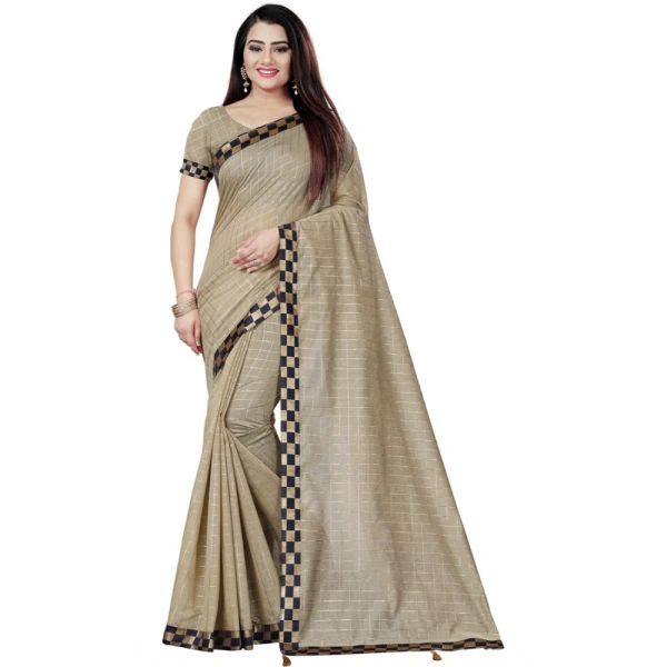 Women's Cotton Silk Checkered Saree With Unstitched Blouse 5.5Mtr (Cream) - Cream