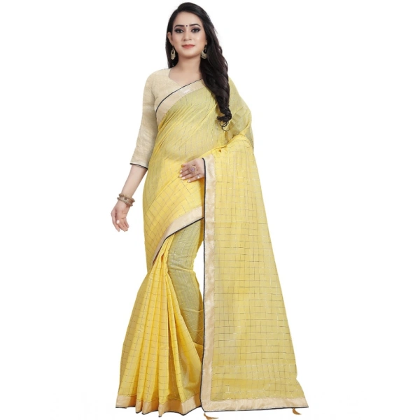 Women's Cotton Silk Checkered Saree With Unstitched Blouse 5.5Mtr (Yellow) - Yellow