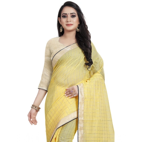 Women's Cotton Silk Checkered Saree With Unstitched Blouse 5.5Mtr (Yellow) - Yellow