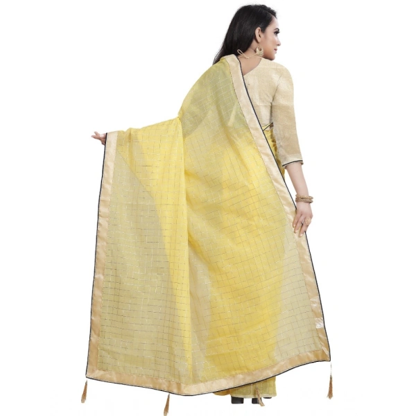 Women's Cotton Silk Checkered Saree With Unstitched Blouse 5.5Mtr (Yellow) - Yellow