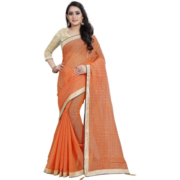 Women's Cotton Silk Checkered Saree With Unstitched Blouse 5.5Mtr (Orange) - Orange