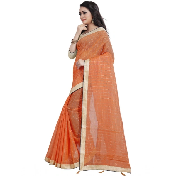 Women's Cotton Silk Checkered Saree With Unstitched Blouse 5.5Mtr (Orange) - Orange