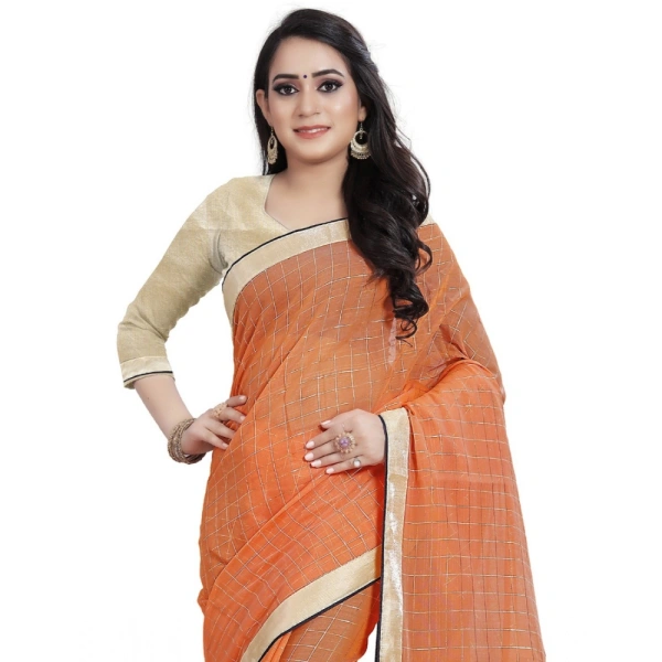 Women's Cotton Silk Checkered Saree With Unstitched Blouse 5.5Mtr (Orange) - Orange