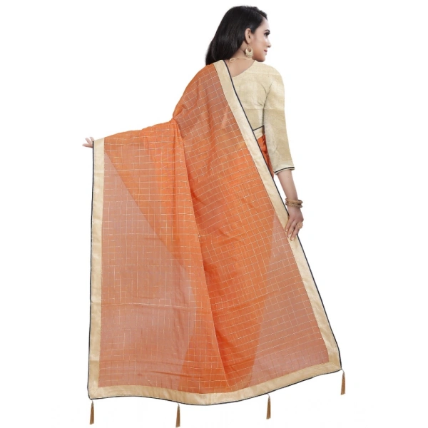 Women's Cotton Silk Checkered Saree With Unstitched Blouse 5.5Mtr (Orange) - Orange