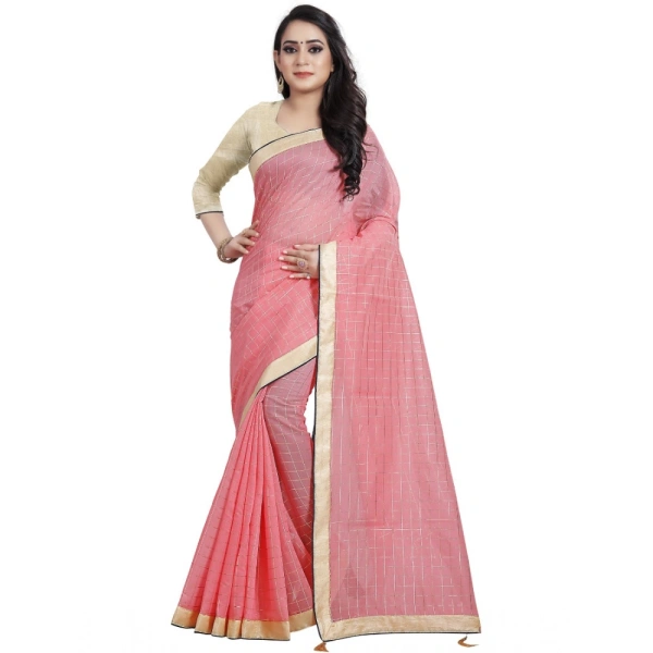 Women's Cotton Silk Checkered Saree With Unstitched Blouse 5.5Mtr (Pink) - Pink