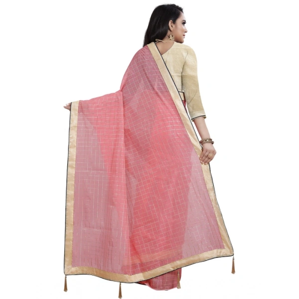 Women's Cotton Silk Checkered Saree With Unstitched Blouse 5.5Mtr (Pink) - Pink
