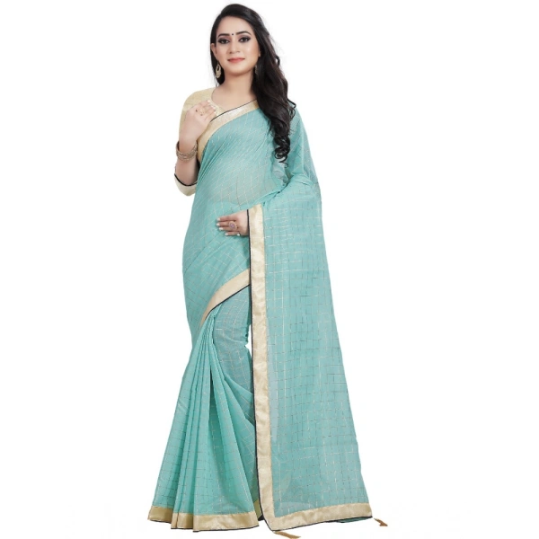 Women's Cotton Silk Checkered Saree With Unstitched Blouse 5.5Mtr (Blue) - Blue