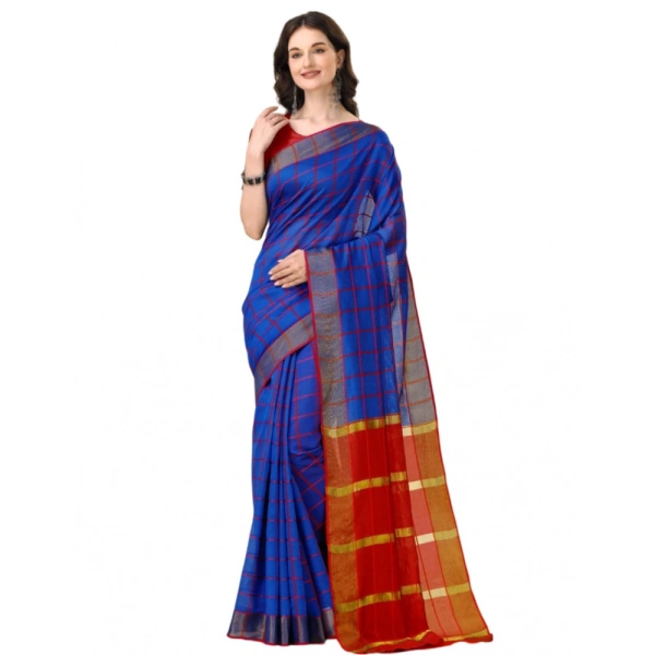 Women's Cotton Silk Checkered Saree With Unstitched Blouse 5.5Mtr (Blue) - Blue