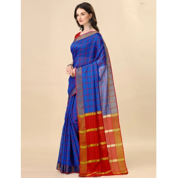 Women's Cotton Silk Checkered Saree With Unstitched Blouse 5.5Mtr (Blue) - Blue