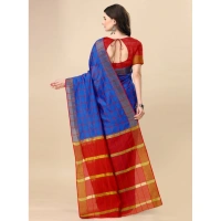 Women's Cotton Silk Checkered Saree With Unstitched Blouse 5.5Mtr (Blue) - Blue