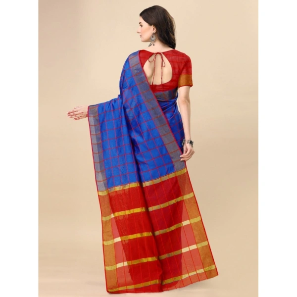 Women's Cotton Silk Checkered Saree With Unstitched Blouse 5.5Mtr (Blue) - Blue