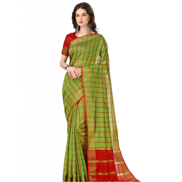 Women's Cotton Silk Checkered Saree With Unstitched Blouse 5.5Mtr (Green) - Green